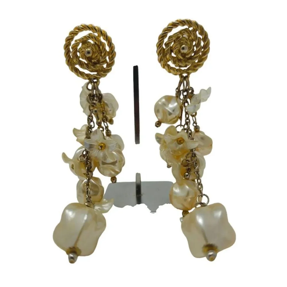Large Vintage Runway Statement Gold Swirl & Floral Pearl Beaded Dangle Earrings
